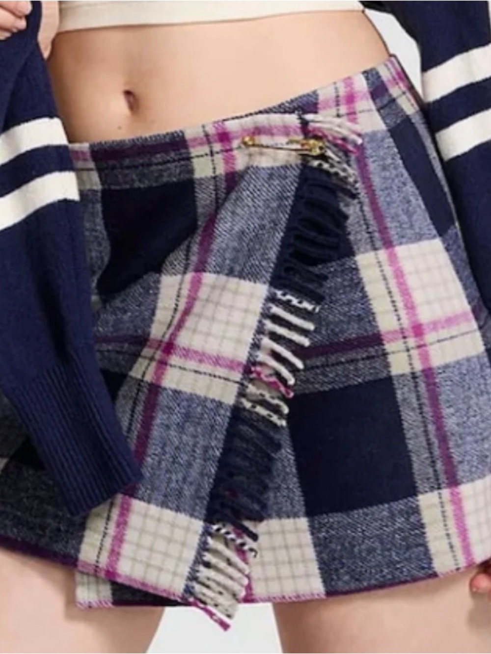 PINK Victoria's Secret Navy, Cream and Pink Plaid Fringe Mini Skirt